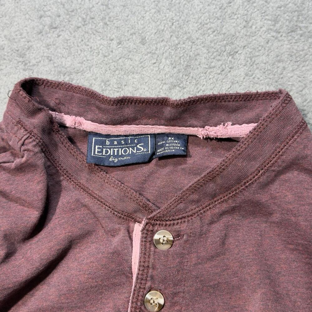 Maroon Henley Shirt Mens 2XL Big Man 3 Button Knit LS Worn In - Basic Editions - Picture 11 of 11